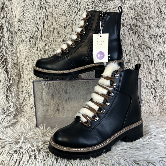 a new day Shoes - A New Day Black Ankle Boots with White Fur Detail *Runs 1/2 size big!